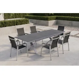 KETTLER BasicPlus Garten-Essgruppe, silber / anthrazit, Alu / Spraystone / Textil, Tisch 180/280x100cm, 6 Stapelsessel