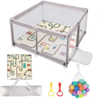Faltbarer Baby-Laufstall 120x120 cm mit Spielmatte,Anti-Kollision Schaum Absperrgitter mit atmungsaktivem Netz–Der sichere Spielpark für Kind |Perfekter Laufgitter zum Krabbeln, Laufen & Spielen