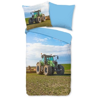 Bettwäsche Comfort Baumwolle, Traumschloss, Flanell, 2 teilig, Traktor, Natur, blau blau