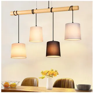 Nettlife Pendelleuchte Holz Esszimmer 4 Flammig Weiß Vintage E27 Hängeleuchte Rustikal Stoff, Höhenverstellbar, LED wechselbar, Wohnzimmer Küche Restaurant Schlafzimmer Flur weiß