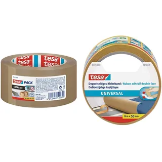 tesa tesapack Extreme, Premium-Paketband, besonders klebstark und reißfest, ideal zum Verpacken und Bündeln schwerer Pakete und Objekte & 56171-00003-01 Universal Doppelklebeband,10m x 50mm