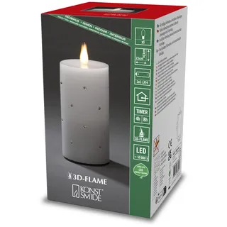 Konstsmide LED Echtwachskerze, weiß, mit 3D Flamme und Kristallen, mit 4h und 8h Timer, 1 flackernde warm weiße Diode, batteriebetrieben, Innen, 2 x C 1.5V (exkl.) - 1838-100