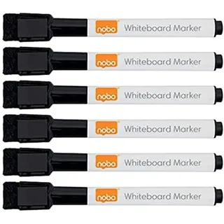 Nobo Mini Whiteboard-Stifte mit Magnetischer Radierkappe, 2 mm Feine Spitze, 6er-Pack, Trocken Abwischbar/Radierbar, Geruchsarm, Schwarz, 2104184