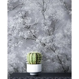 Newroom Vliestapete Bene Muster 1, Grau Tapete Leicht Glänzend Floral - Blumentapete Mustertapete Weiß Schwarz Baum Modern für Schlafzimmer Wohnzimmer Küche, Mustertapete silberfarben