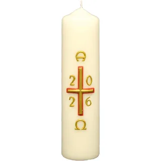 Kopschitz Kerzen Osterkerze Kreuz rot-Gold mit A und O, Jahreszahl 200 x Ø 50 mm