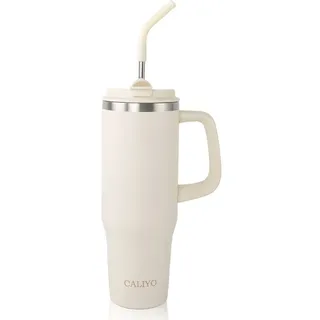 CALIYO Thermobecher Edelstahl Autobecher BPA frei mit Strohhalm und Deckel 1.2L, Spülmaschinenfest Langanhaltend kühl / warm für Sport, Reisen grau|weiß