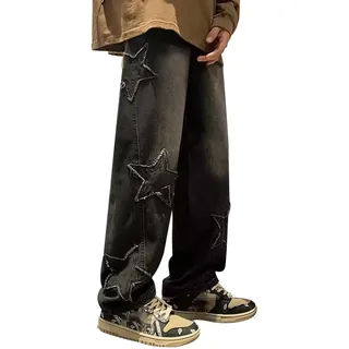 FASLOLSDP Damen Vintage Star Patchwork Y2K Baggy Jeans Hoch Taillierte Hose Mit Geradem Bein Emo Grunge Denim Hose Mit Taschen