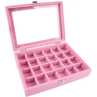 Schmuckkästchen Samt Rosa mit Glas Deckel, Schmuck Aufbewahrungsbox 24 Fächer, Verstellbar Schmuckaufbewahrung 20 X 15 X 2,5 cm für Ringe, Ohrringe, Armband, Manschettenknöpfe, Frauen, Mädchen