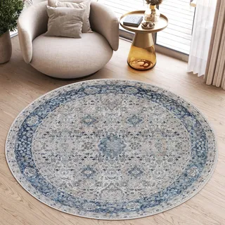 TAPISO Valley Rund Teppich Kurzflor Weiß Grau Blau Ornament 200 x 200 cm | Used Effekt Meliert Verwischt Vintage Wohnzimmer Schlafzimmer OEKO-TEX