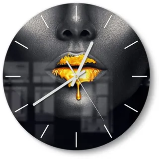DEQORI Wanduhr 'Goldbedeckte Lippen' (Glas Glasuhr modern Wand Uhr Design Küchenuhr) goldfarben|schwarz 30 cm x 30 cm