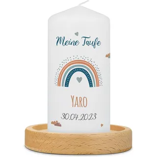 GRAVURZEILE Bedruckte Kleine Kerze - Taufkerze Regenbogen - Personalisiert mit Name Datum & Wunschtext - brilliant bedruckte Kerze - Geschenk für Mädchen & Jungen zur Taufe - Farbe: Blau