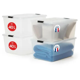 Iris Ohyama Aufbewahrungsboxen mit Deckel, 40 L, 4er-Set, FTB-40 | Transparent, BPA-freies Plastik-Box, Kleiderboxen Stapelbar, Verschlussclips, Robust, Kunststoff Organizer, Kiste Lagerbox