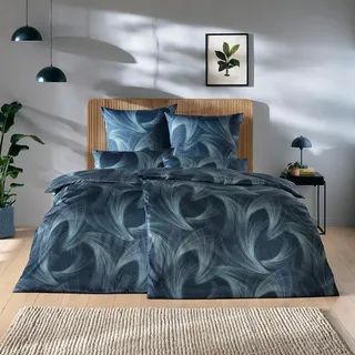 Estella Mako-Satin Bettwäsche Lino navy 155x220 cm + 80x80 cm + 40x80 cm - blau