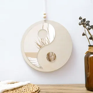 Artilady Yin Yang Dekorativer Spiegel – Boho-Holzspiegel Makramee Taiji kleiner runder Spiegel Wanddekoration für Wohnung, Kinderzimmer, Schlafzimmer, Wohnzimmer, Bauernhaus, flippige Heimdekoration