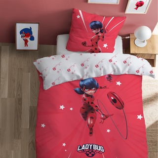 MTOnlinehandel Miraculous Bettwäsche 135x200 + 80x80 - Ladybug, Marienkäfer Tikki & Sterne - Fanartikel, Kinder-Bettwäsche mit Reißverschluss für Mädchen und Jungen, 100% Baumwolle, rot
