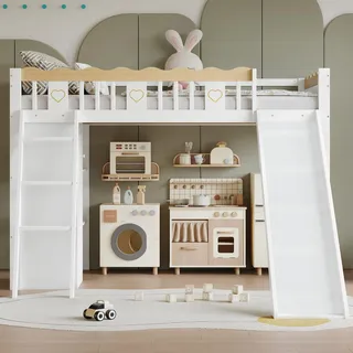 Hochbett 90x200 cm, Kinderbett mit Rutsche, Holzbett mit Kleiderschrank | Ohne Matratze, Bett mit Vierseitiger Zaun für Kinder Schlafzimmer Weiß+Natur