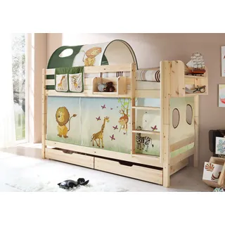 TiCAA Etagenbett, Kinderbett Stockbett für Kinder mit Treppe & Vorhangstoff Zwei Liegeflächen aus Kiefer Massivholz Bettgestell 90 x 200