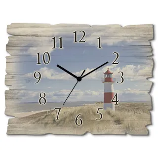 ARTLAND Wanddeko Wanduhr ohne Tickgeräusche aus Holz Funkuhr 40x30 cm Rechteckig Lautlos Strand Meer Leuchtturm Nordsee Sylt Maritim T9ML