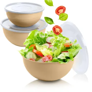 EDANTI Salatschüssel Set groß mit Deckel 3 Schalen 2-5L Kunststoff Schüsselset Servierschalen ideal zum Mischen und Servieren Schale (Beige)