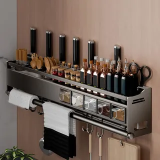Giural 68cm,Gewürzregal Wand mit Küchenrollenhalter und Haken und Gewürzbox, Küchenregal Ohne Bohren aus Metall, Spice Rack, Gewürz Organizer Hängend für Küchen und Bad Organizer
