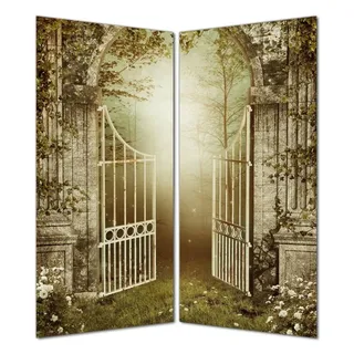 Wallario selbstklebende Duschrückwand 160 x 200 cm mit Motiv Tor in den Wald - Wandverkleidung mit Hochglanzlaminat in Glasoptik - Gelb