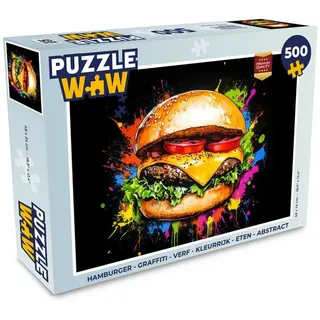 MuchoWow Puzzle Hamburger - Graffiti - Farbe - Bunt - Essen - Abstrakt, 500 Puzzleteile, Foto-Puzzle, Bilderrätsel, Puzzlespiele, Spielzeug 34 cm x 48 cm x 2 cm | Querformat