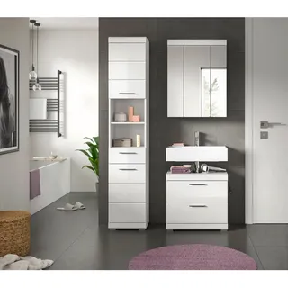 Mid.you Badezimmer, Weiß Hochglanz, Glas, Holzwerkstoff, 3-teilig, 9 Fächer, 2 Schublade(n),3 Schublade(n) Schubladen, 112 cm, FSC Mix, stehend, Badezimmer, Badmöbelsets & Badmöbelserien, Badmöbel-Sets