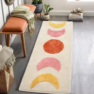 DyeFury Boho Moon Badezimmerläufer – Farbverlauf, Mondphasen, Badematte, rutschfest, Halbmond-Hexen-Teppich, Bohemian-Hexe, Hippie-Badezimmer-Dekor, langer Läufer für Schlafzimmer, Flur, neutral,