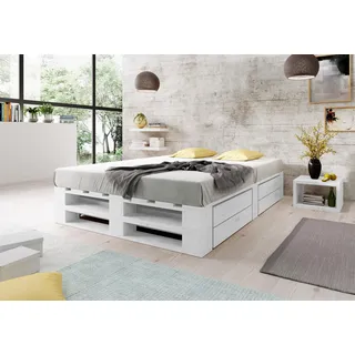 Lermowood Palettenbett M2 aus Holz 160 x 200 cm Weiß mit Lattenrost und 2 Bettkästen Holzbett 30cm Stabiles Seniorenbett Kinderbett Jugendbett Gästebett erhöhtes Bettgestell Futonbett Komforthöhe