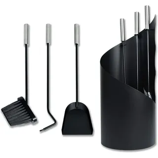 Froadp 4-teilig Edelstahlgriff Kaminbesteck Schürhaken Set Modern Kamin Zubehör Innen mit Schaufeln Feuerstöcke Bürsten Runde Ständer Kamingarnitur für Innenkamine Feuergrills (Schwarz)