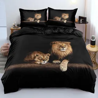 DXHOME Bettwäsche Tiermotiv 3D Leopard Schwarz Bettwäsche 135x200 Löwe Lion Atmungsaktiv Weich Mikrofaser Wendebettwäsche Bettbezug mit Reißverschluss + 1 Kissenbezug 80x80 cm