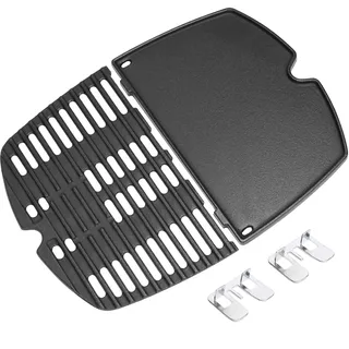 GFTIME 6558 Grillplatte 7644 Grillrost Gusseisen Ersatzteile für Weber Q100, Q120, Q140, Q1000, Q1200, Q1400 Gasgrill, 32.3x21.6cm Gusseisen Grillplatte & Grillrost für Weber Q100, Q1000 Serie