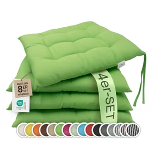 ZOLLNER 4er Set Sitzkissen in 40x40cm - gemütliche Stuhlkissen mit Bindebänder - waschbar bis 30°C - in grün - Oeko Tex® Zertifiziert
