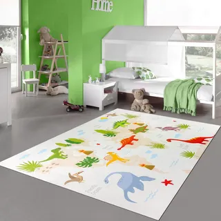 Teppich-Traum Teppich Kinderteppich Dino-Welt mit Urzeittieren rutschfest flach saugrobotergeeignet strapazierfähig pflegeleicht schadstofffrei Babyzimmer Lernspiel Beige 160 x 220 cm