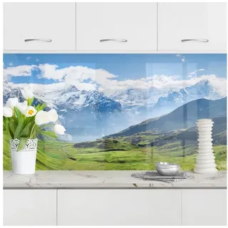 Bilderdepot24 Küchenrückwand grün dekor Natur Berge Skyline Schweizer Alpen Wandverkleidung Küche, (1-tlg., Nischenrückwand - für Fliesenspiegel ohne Bohren - matt), Spritzschutz Rückwand Küche Herd - Folie selbstklebend versch. Größen grün 245 cm x 70 cm