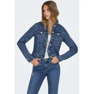 Jeansjacke ONLY "ONLWONDER – Jeansjacke mit Teilungsnähten und Stretch", Damen, Gr. L, blau (medium blau denim), Denim/Jeans;Web;Twill, Obermaterial: 79% Baumwolle, 20% Polyester, 1% Elasthan, unifarben, figurumspielend taillenbedeckt, 1-Knopf-Manschette, Jacken Jeansjacke, sehr figurbetont, casual, Denim, Baumwollmischung, Brusttaschen