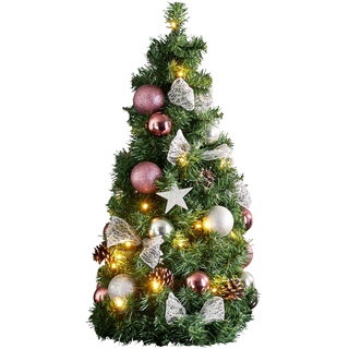 EGLO Künstlicher Weihnachtsbaum 65 cm für innen, Deko-Tannenbaum mit LED-Beleuchtung und Weihnachtskugeln in Rosa und Silber, mit Timer, warmweiß, batteriebetriebener Kunstbaum