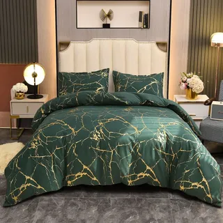 Bettwäsche Grün 135x200 2er Dunkelgrün Gold Set Aesthetic Marmor Microfaser Bettwäsche Set Luxus Modern Bettbezug Set mit Metallic-Glitzermuster Teenager Wendebettwäsche und Kissenbezug 80x80