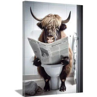 LZIMU Badezimmer Hochlandkuh Bild auf Leinwand braunes Vieh das auf der Toilette sitzt und Zeitung liest Leinwandbild lustige Tiere Poster Wanddekoration Gerahmt(3, 30x45cm)