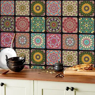 ANHUIB 18 Stück Mandala Fliesenaufkleber Fliesensticker Selbstklebend Bad Fliesen Küche Vintage Fliesenaufkleber 15x15cm Wasserdicht Badezimmer DIY Fliesensticker für Wand Boden Schrank Möbel Dekor