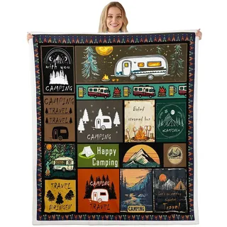 Loussiesd Camping Decke 150x200cm für Jungen Mädchen Camper Kuscheldecke Happy Camping Wohndecke Wohnmobil Couchdecke Camping Gadgets Wohnmobil Wohndecke Für Kinder Thema Wald Adventure