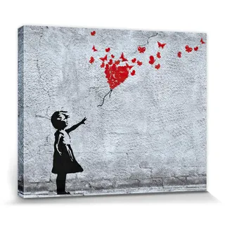 1art1 Mädchen Poster Mädchen Mit Luftballon Und Schmetterlingen, Banksy-Style Bilder Leinwand-Bild Auf Keilrahmen | XXL-Wandbild Poster Kunstdruck Als Leinwandbild 50x40 cm