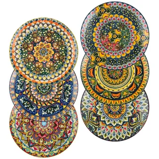 Henten Home Teller Set Essteller Porzellan - Tellerset Bunt Groß Speiseteller 26 cm, Flache Keramik Teller / 6 Teilig Große Runde Hauptspeisenteller mit Muster und Bunte Farbig