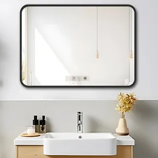 MIQU Badezimmerspiegel 100x60 cm Wandspiegel Groß Badspiegel ohne Beleuchtung Rechteckig mit Schwarz Metall Rahmen Dekorative Spiegel für Badezimmer, Wohnzimmer, WC, Flur K