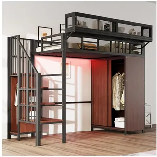 Merax Hochbett 90×200cm mit LED-Beleuchtung (Loftbett, 1-St., Jugendbett Einzelbett Mehrzweckbett) Metallbett Kinderbett mit Kleiderschrank, Stauraumtreppe & Ablagefach schwarz