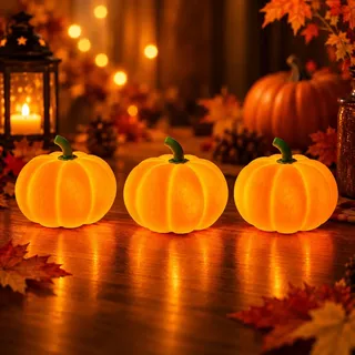 3PCS Herbstdeko Kürbis Mit LED Licht,Halloween deko kürbis,Beleuchtet | LED für Tischdeko,Herbst Deko Beleuchtung,Fur Tischdeko,Halloween Party,Garten Dekofigur