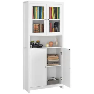 Homfa Hochschrank Vitrinenschrank, Bücherschrank, Buffetschrank mit 2 Glastüren 2 Holztüren und offenem Fach, weiß, 84x32x190 cm weiß