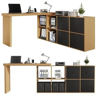 Merax rechter Ecke 360° Drehschreibtisch, L Eckschreibtisch mit Sideboard, 4 Fächern & 4 Schubladen, Naturholzfarbe + Schwarz