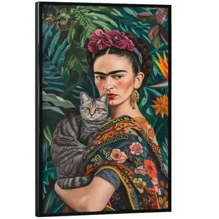 artboxONE Poster mit schwarzem Rahmen 60x40 cm Natur Frida Kahlo mit Grauer Katze - Bild Frida Kahlo Katze Pflanzen