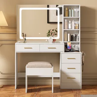 Led-frisiertisch Mit Hocker – 109 X 35 X 140 Cm – Schminktisch Mit Usb-anschlüssen Und Platte Aus Gehärtetem Glas – Weiß